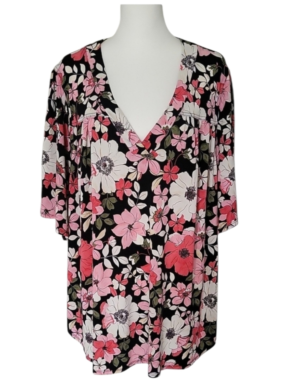 Lane Bryant Floral Blouse Size 26/28 Black Pink Flowy V-Neck Top